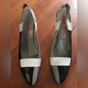 Miu Miu Black Grey White Slingback Wedge Heel